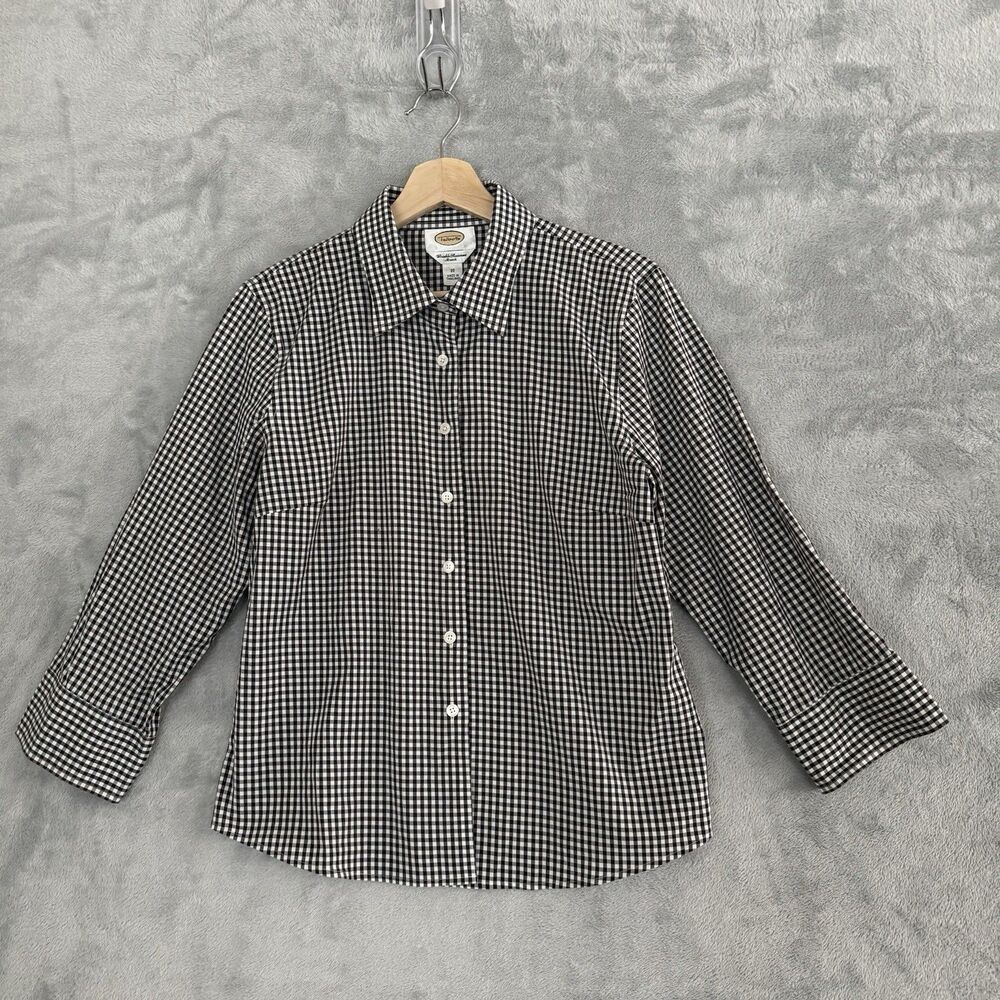 Talbots Gingham Shirt Womens 10 Black White Wrinkle Resistant Stretch